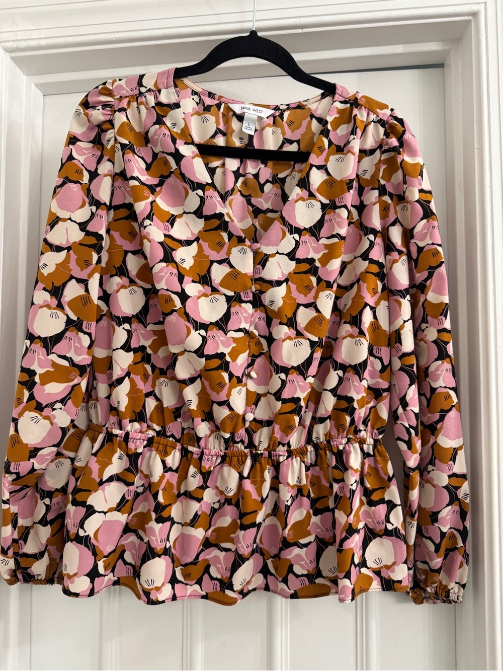 Nine West Black, Pink, Cream & Brown Floral V-Neck Blouse